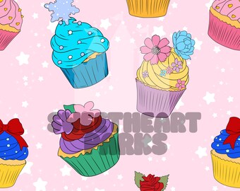 Patrón sin costuras de cupcake de ratón mágico: sublimación de tela rosa (archivo digital)