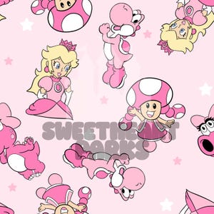 May include: A pink and white pattern featuring cartoon characters from the Super Mario franchise. The design includes Princess Peach, Yoshi, and Toadette, along with stars, on a light pink background. The text "SWEETHEART PARKS" is also present.