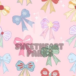 Puede incluir: Un patrón sin costuras con varios lazos coloridos sobre un fondo rosa. Los lazos son de diferentes estilos y colores, incluyendo azul, rosa, verde, morado y amarillo.