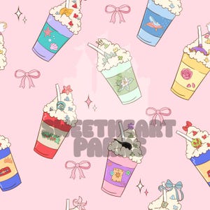 May include: A repeating pattern of colorful cartoon beverages with whipped cream, straws, and decorative elements like seashells, flowers, and bows. The drinks are in various colors, including blue, green, and pink, set against a pink background. The text "Sweetheart Parks" is visible.