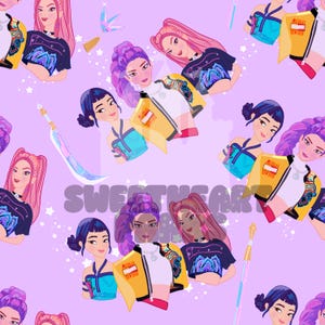Könnte beinhalten: Ein sich wiederholendes Muster aus stilisierten weiblichen Figuren mit verschiedenen Frisuren und Outfits auf helllila Hintergrund. Die Figuren tragen Jacken, Oberteile und Kleider. Der Text "SWEETHEART ART" ist sichtbar.