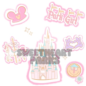 May include: A collection of pink and gold stickers with a theme of a theme park. The stickers include a castle, a carousel horse, Mickey Mouse ears, and the words "Park Girl". The text "Sweetheart Parks" is also present.