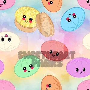 May include: A repeating pattern of colorful, cartoon-style steamed buns with smiling faces on a soft watercolor background. The design includes a bamboo steamer basket and the text SWEETHEART PARKS in a bold, rounded font centered on the image.