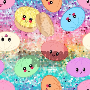 Op de afbeelding: Een herhalend patroon met kleurrijke, lachende knoedel-karakters met blosjes op de wangen tegen een levendige, regenboogkleurige glitterachtergrond. Het ontwerp bevat bamboe stoommandjes en de tekst SWEETHEART PARKS in het midden.