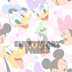 May include: A repeating pattern featuring cartoon character faces, including Donald Duck, Daisy Duck, Goofy, Minnie Mouse, and Mickey Mouse. The background is a pink and white checkered pattern with small star shapes.