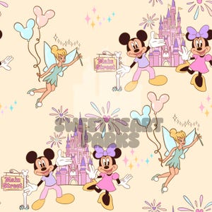May include: A repeating pattern featuring Mickey Mouse, Minnie Mouse, Tinkerbell, and a castle on a light beige background. Mickey and Minnie are in pink and purple outfits. Tinkerbell is in a green dress. The words "Main Street" are on a sign.