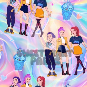 May include: A digital illustration featuring multiple stylized female figures in various outfits, set against a vibrant, iridescent background. The design includes the text "SWEET PARIS" and cartoon cats.