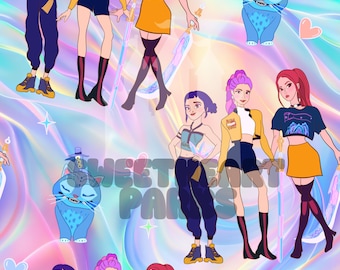 May include: A digital illustration featuring multiple stylized female figures in various outfits, set against a vibrant, iridescent background. The design includes the text "SWEET PARIS" and cartoon cats.