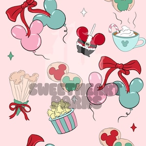 May include: A repeating pattern of cartoon illustrations on a pink background. The illustrations include Mickey Mouse-shaped balloons, cookies, popcorn, and a Santa-themed candy apple. The text "SWEET DREAMS" is partially visible.