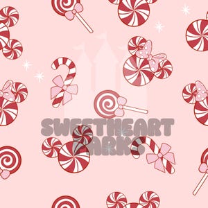 May include: A pink seamless pattern featuring red and white swirled candies, lollipops, and candy canes. Some candies are shaped like Mickey Mouse heads with pink bows. The text "Sweetheart Park" is visible in the center.