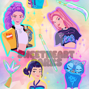 May include: Digital art print featuring stylized illustrations of women and fantasy elements. The artwork includes a woman with purple hair in a yellow jacket, a woman with pink hair, a blue cat, and a sword. The text "SWEETHEART PARKS" is also visible.