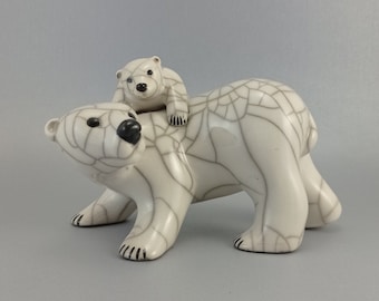 Polar Bear with single cub - ceramic raku  & earthenware fired pottery sculpture arctic animal