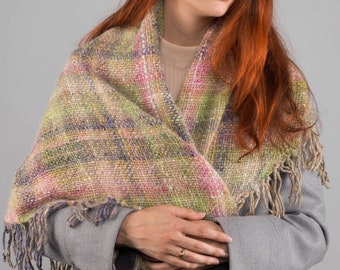 Luxurious Handwoven Large Shawl Scarf Wrap - Heather Green, pink, lilac Wool, Angora & Silk