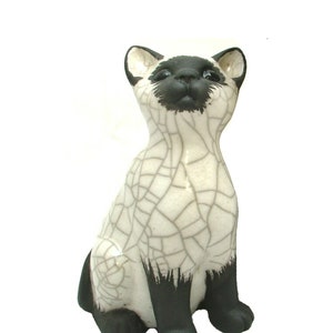 Sitting Kitten Cat Sculpture - ceramic raku fired sculpture black & white Siamese pointed