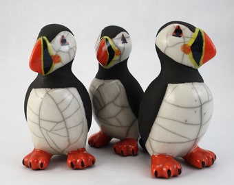 Standing puffin in FULL COLOUR - small - ceramic raku fired sculpture