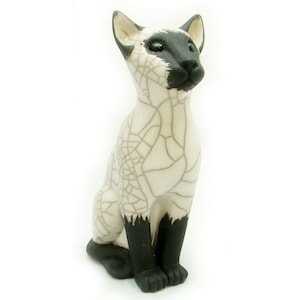 Sitting Cat Sculpture - ceramic raku fired sculpture black & white Siamese pointed