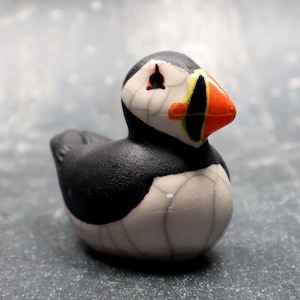 Puffin Sitting Nesting FULL COLOUR BEAK - small - ceramic pottery raku fired sculpture