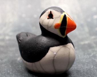 Puffin Sitting Nesting FULL COLOUR BEAK - small - ceramic pottery raku fired sculpture