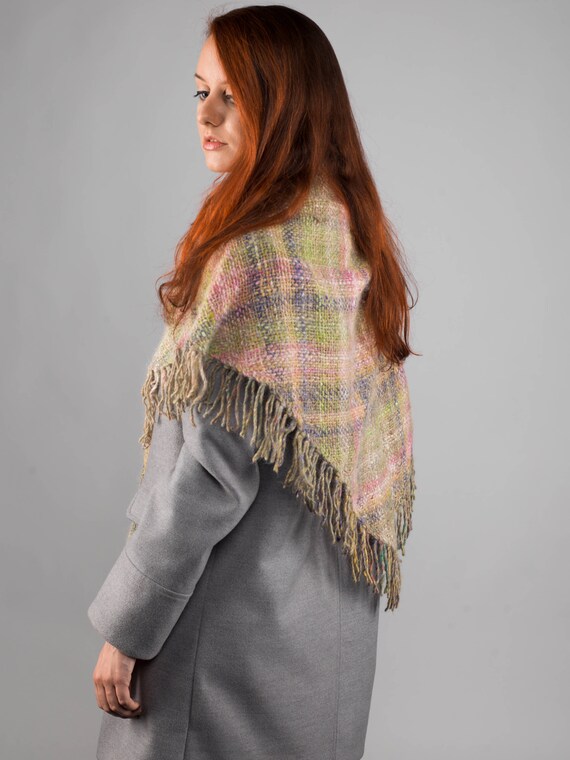 Luxurious Handwoven Large Shawl Scarf Wrap Heather Green, pink, lilac  Wool, Angora Silk