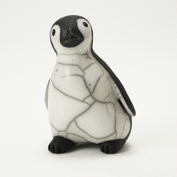 Penguin chick Running - ceramic raku fired sculpture