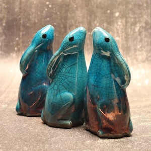 small Moon gazing Hare - ceramic raku fired animal sculpture pottery