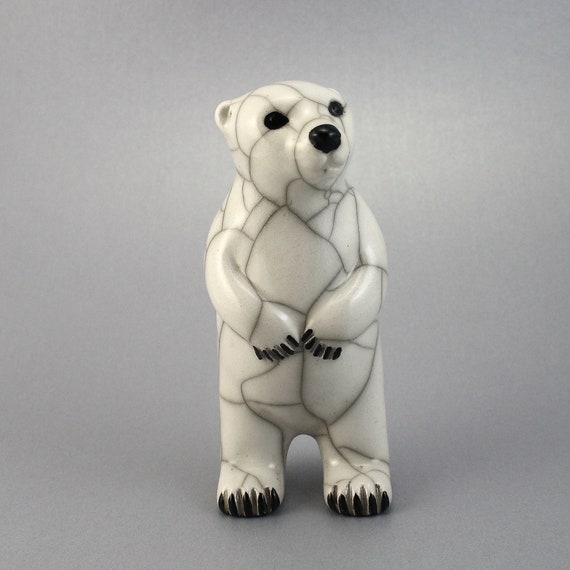 Small Polar Bear Standing Upright - Ceramic Raku & Earthenware