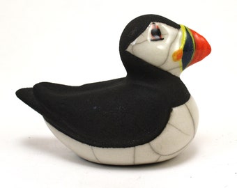 Nesting puffin FULL COLOUR BEAK - small - ceramic raku fired sculpture