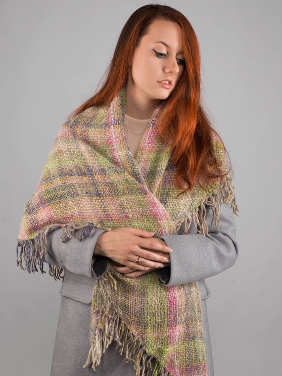 Luxurious Handwoven Large Shawl Scarf Wrap Heather Green, pink, lilac  Wool, Angora Silk