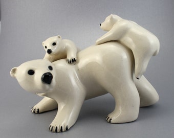 Polar Bear with cubs - ceramic raku  & earthenware fired pottery sculpture arctic animal