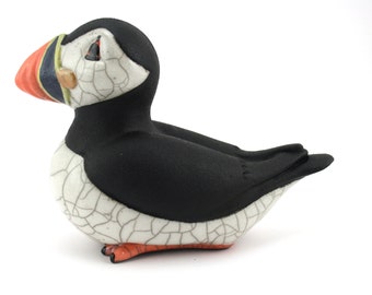 Sitting puffin - ceramic raku fired sculpture