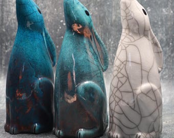 Large Moongazing Hare - ceramic raku fired animal sculpture