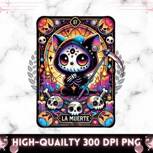 Carta de Tarô La Muerte PNG, Design de Sublimação de Gato Fofo para Camisetas, Tarô de Gato Engraçado, PNG da Moda para Canecas, Sacolas, Download Digital