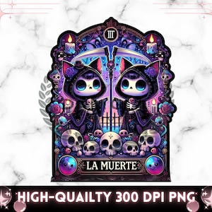 Carta de Tarô La Muerte PNG, Design de Sublimação de Gato Fofo para Camisetas, Tarô de Gato Engraçado, PNG da Moda para Canecas, Sacolas, Download Digital