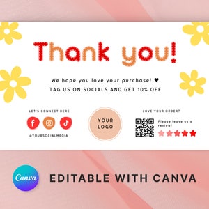 May include: Thank you card with a yellow flower design. The card says "Thank you!" in red and orange letters with a stitched effect. It also says "We hope you love your purchase!" and "Tag us on socials and get 10% off". There are social media icons for Facebook, Instagram, and TikTok. The card also has a QR code and a 5-star rating system.