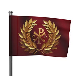 Burgundy Chi Rho Flag: Christian Roman Banner with Gold Laurel