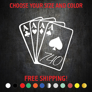 May include: White graphic of four playing cards, all aces, on a dark gray background. The text "CHOOSE YOUR SIZE AND COLOR" is above the cards in red. The text "740" is on the spade card.