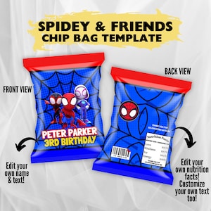 Bewerkbare sjabloon Spidey & Friends blauwe achtergrond chipzakje