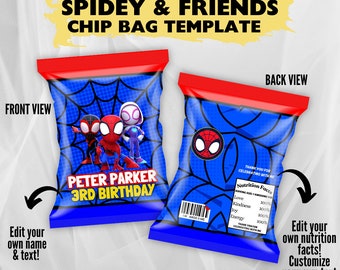 Modello modificabile borsa per chip con sfondo blu di Spidey & Friends