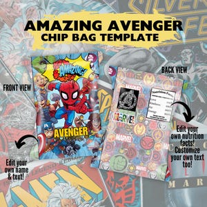 Geweldige bewerkbare sjabloon voor Avengers-chipzakje