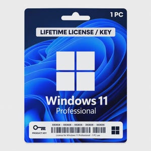 Puede incluir: Una tarjeta de producto de software rectangular para Windows 11 Professional con un fondo azul abstracto, un logotipo blanco de cuatro paneles y texto que dice Lifetime License / Key, 1 PC, y un código de barras con una clave de producto.