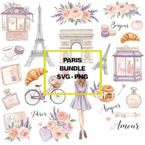 Paris Clipart Bundle, Parisian Tourism SVG, Paris Travel Art PNG, Watercolor Clipart, Digital Download, Cricut Illustration, Bonjour Gift