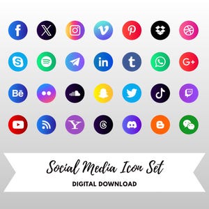 May include: A collection of colorful social media icons arranged in a grid. Each icon is a circle with a unique logo, including Facebook, Instagram, Twitter, and YouTube. The text "Social Media Icon Set" and "DIGITAL DOWNLOAD" are below the icons.
