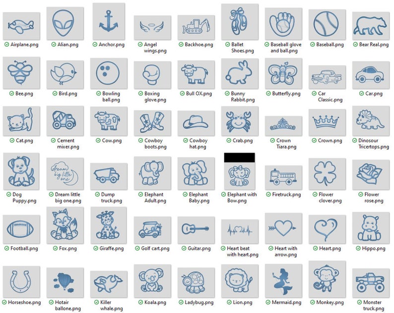 K&ouml;nnte beinhalten: Ein Raster mit 60 blauen und wei&szlig;en Illustrationen von verschiedenen Objekten, Tieren und Symbolen. Jede Illustration ist vor einem grauen Hintergrund mit wei&szlig;em Rand platziert. Die Illustrationen sind in 6 Reihen mit jeweils 10 angeordnet. Die Illustrationen beinhalten ein Flugzeug, einen Au&szlig;erirdischen, einen Anker, Engelsfl&uuml;gel, einen Bagger, Ballettschuhe, einen Baseballhandschuh und einen Ball, einen Baseball, einen B&auml;ren, eine Biene, einen Vogel, eine Bowlingkugel, einen Boxhandschuh, einen Stier, ein Kaninchen, einen Schmetterling, ein Auto, eine Katze, einen Betonmischer, eine Kuh, Cowboystiefel, einen Cowboyhut, eine Krabbe, eine Tiara, eine Krone, einen Dinosaurier, einen Hund, einen Traum gro&szlig; klein, einen Kipplaster, einen Elefanten erwachsen, einen Elefanten baby, einen Elefanten mit Schleife, ein Feuerwehrauto, eine Kleeblatt Blume, eine Rosenblume, einen Fu&szlig;ball, einen Fuchs, eine Giraffe, einen Golfwagen, eine Gitarre, einen Herzschlag mit Herz, ein Herz mit Pfeil, ein Herz, ein Nilpferd, ein Hufeisen, einen Hei&szlig;luftballon, einen Killerwal, einen Koala, einen Marienk&auml;fer, einen L&ouml;wen, eine Meerjungfrau, einen Affen, einen Monstertruck.