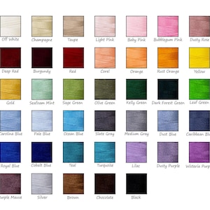 May include: A color chart with 36 different colors of thread. The colors are arranged in rows and columns. The colors include white, off white, champagne, taupe, light pink, baby pink, bubblegum pink, dusty rose, rose pink, dark pink, deep red, burgundy, red, coral, orange, rust orange, yellow, sunflower, peach, gold, seafoam mint, sage green, olive green, kelly green, dark forest green, leaf green, light blue, periwinkle, carolina blue, pale blue, ocean blue, slate gray, medium gray, dust blue, caribbean blue, dusty navy, cornflower blue, royal blue, cobalt blue, teal, turquoise, lilac, dusty purple, wisteria purple, lavender, plum purple, purple mauve, silver, brown, chocolate, and black.