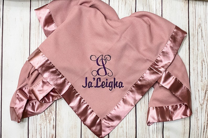 Satin edge Waffle Blanket Personalized embroidered GREAT BABY GIFT Embroidery image 2