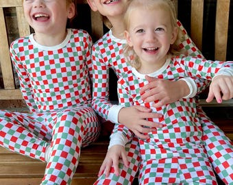 Checkered Bamboo Christmas Family Pajamas, Matching PJs