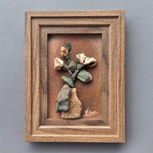 Handmade 3D Painting, Pebble art Flowers in a vase, Sea stones on an acrylic background, Framed. Title "Мarigolds". Artist Rada Lisichka