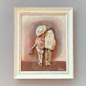 Handmade 3D Painting, Pebble art of sea stones, Love Couple from behind on an acrylic background, framed. Title "Idle" Artist Rada Lisichka.