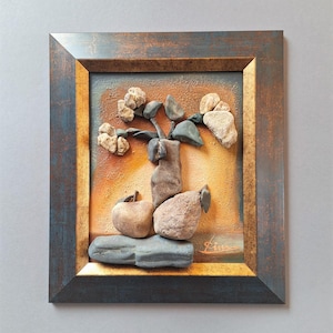 Handmade 3D Painting Still life Fruits, Pebble art, Sea stones on an acrylic background, framed. Title "Autumn chords" Artist Rada Lisichka