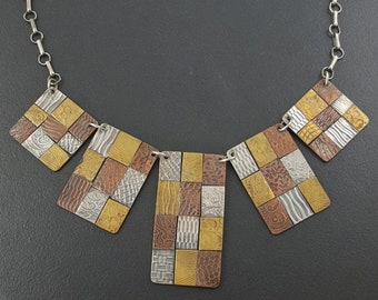 Patchwork Mixed Metal Necklace sterling silver copper brass michele grady boho bohemian mixed metals statement tribal festival jewelry